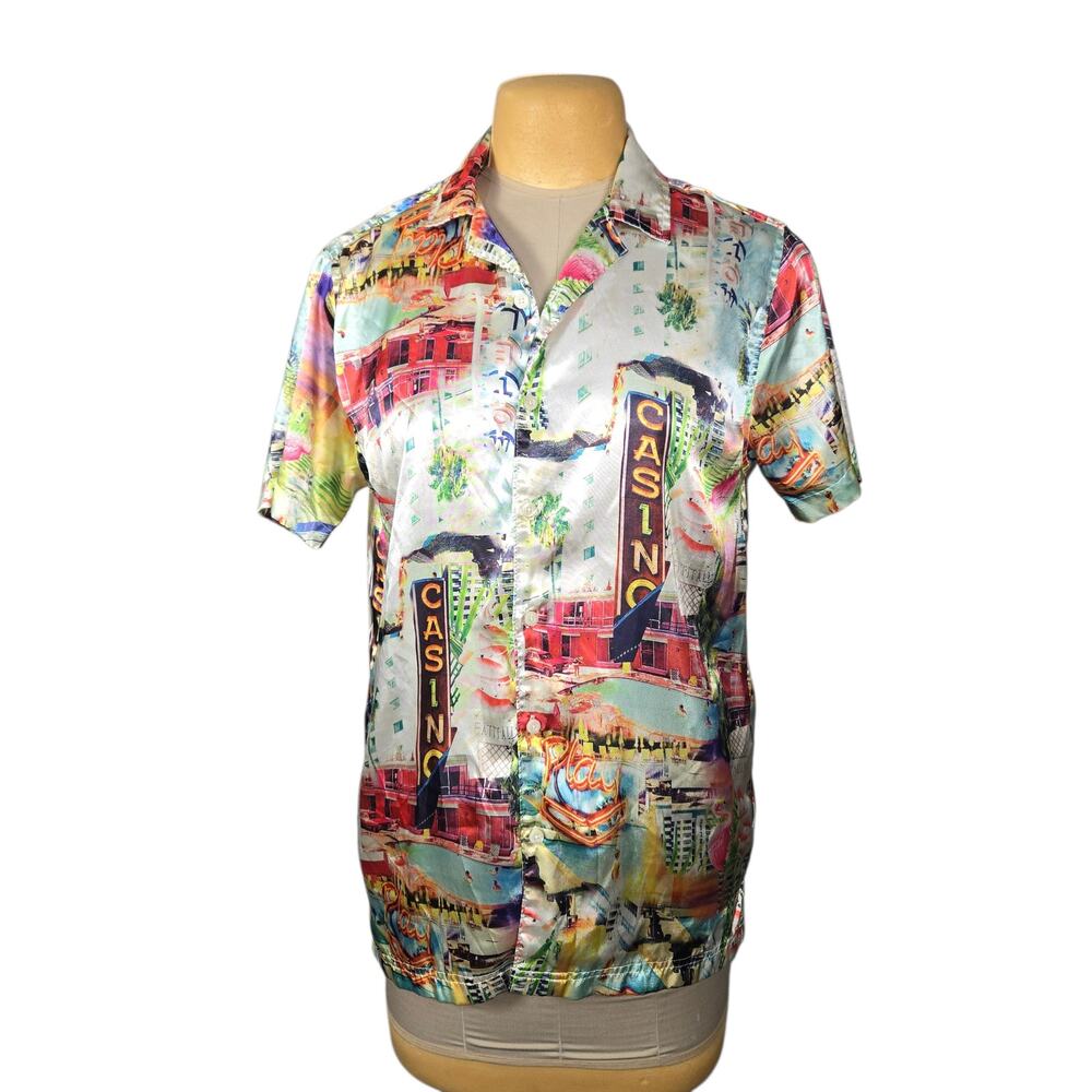 Fresh Prints Casino Graphic Button Up Shirt Mens M‎ Novelty Vegas Print Vacation